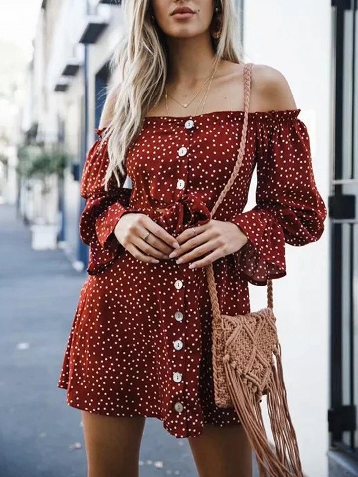 Choies Burgundy Chiffon Off Shoulder Polka Dot Print Chic Women Mini Dress