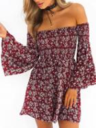 Choies Burgundy Stretch Off Shoulder Floral Flared Sleeve Mini Dress