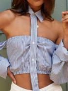 Choies Blue Stripe Off Shoulder Button Placket Front Chic Women Crop Top