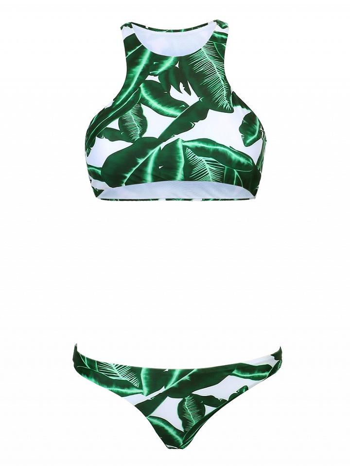 Choies Green Tropical Leaf Print Racer Back Bikini Top And Bottom