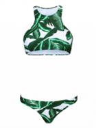 Choies Green Tropical Leaf Print Racer Back Bikini Top And Bottom