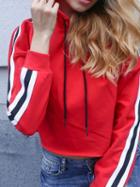 Choies Red Cotton Stripe Panel Long Sleeve Chic Women Crop Hoodie