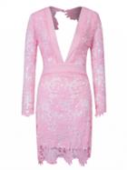Choies Pink V-neck Sheer Lace Sleeve Backless Bodycon Mini Dress