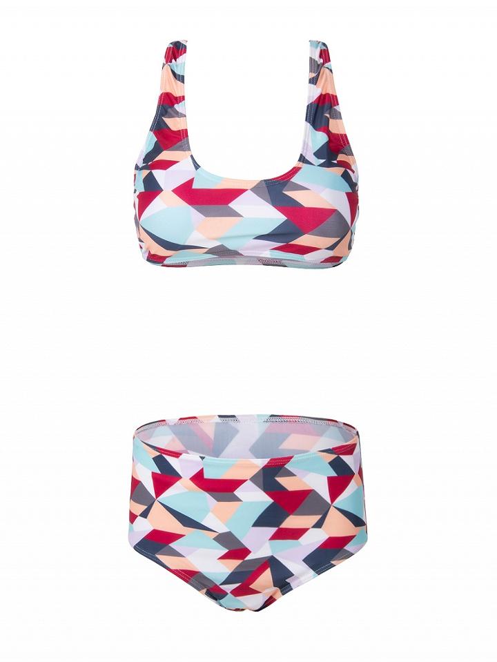 Choies Polychrome Geo Pattern Cropped Bikini Top And High Waist Bottom