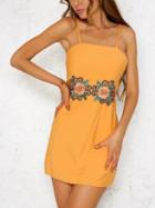 Choies Yellow Embroidery Floral Open Back Spaghetti Strap Mini Dress