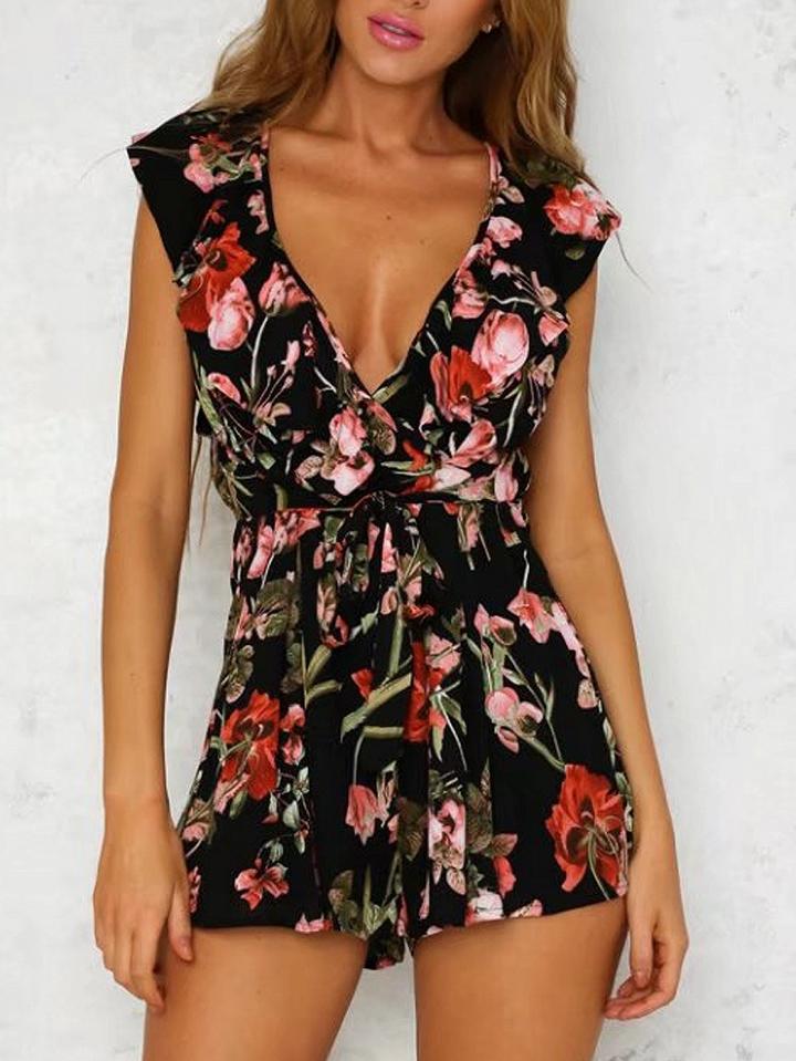 Choies Black Floral V-neck Ruffle Trim Backless Romper Playsuit