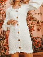 Choies White Button Placket Front Puff Sleeve Chic Women Bodycon Mini Dress