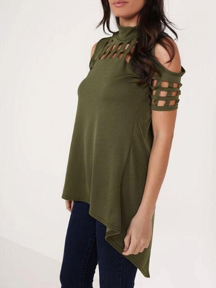 Choies Green High Neck Lattice Cut Out Split Back Cold Shoulder Top