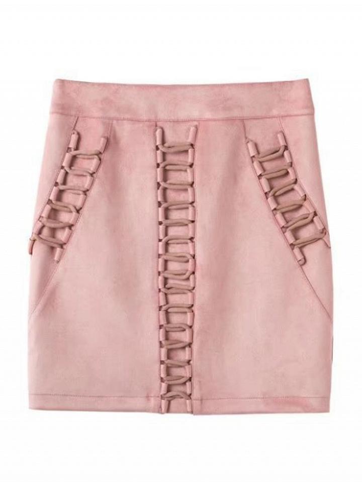 Choies Pink High Waist Faux Suede Lace Up Mini Skirt