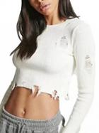Choies White Ripped Long Sleeve Cropped Knit Jumper