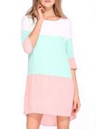 Choies Pink And Green Contrast Keyhole Back Half Sleeve Shift Dress