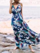 Choies Blue Cotton Blend V-neck Leaf Print Chic Women Cami Maxi Dress