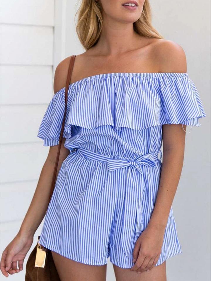 Choies Blue Stripe Off Shoulder Ruffle Tie Waist Romper Playsuit