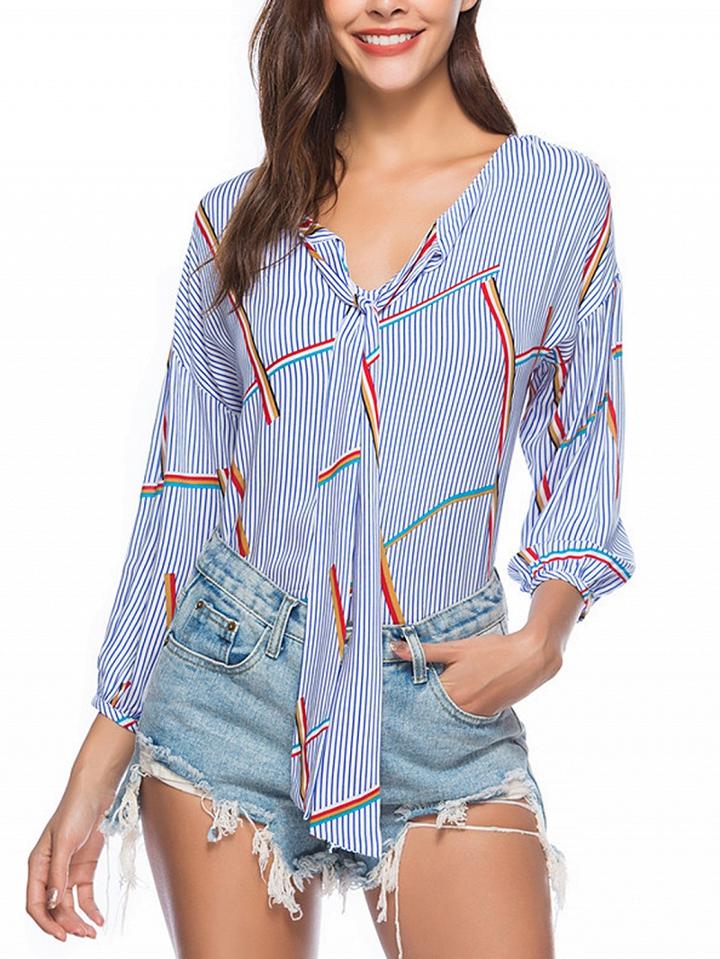 Choies Blue Stripe Geo Pattern Print Tie Front Long Sleeve Blouse