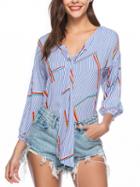 Choies Blue Stripe Geo Pattern Print Tie Front Long Sleeve Blouse