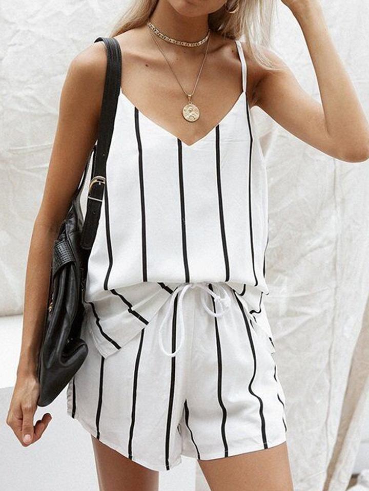 Choies White Stripe Cotton V-neck Chic Women Cami Top And High Waist Shorts