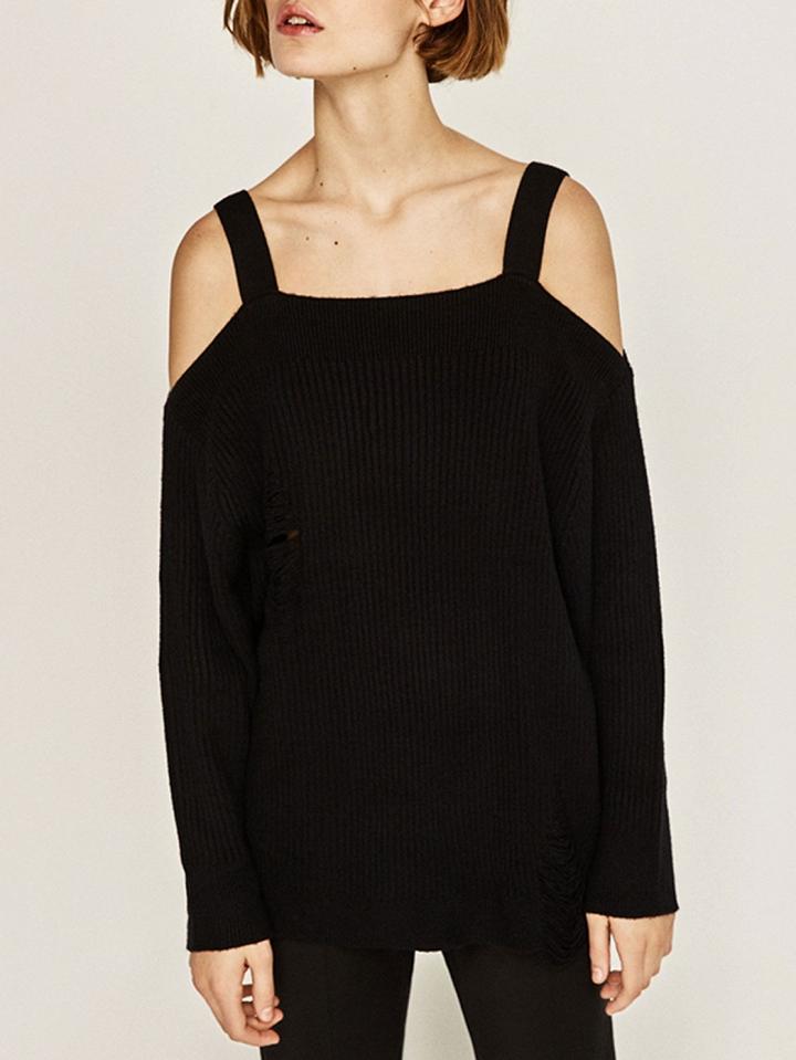Choies Black Square Neck Cold Shoulder Rip Detail Knit Sweater