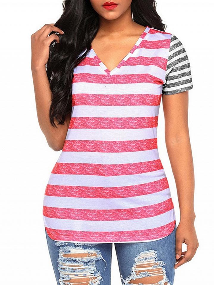 Choies Pink Contrast Stripe V-neck Blouse