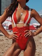 Choies Red Halter Bikini Top And High Waist Eyelet Lace Up Front Bottom