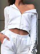 Choies White Plaid Panel Long Sleeve Chic Women Crop Hoodie