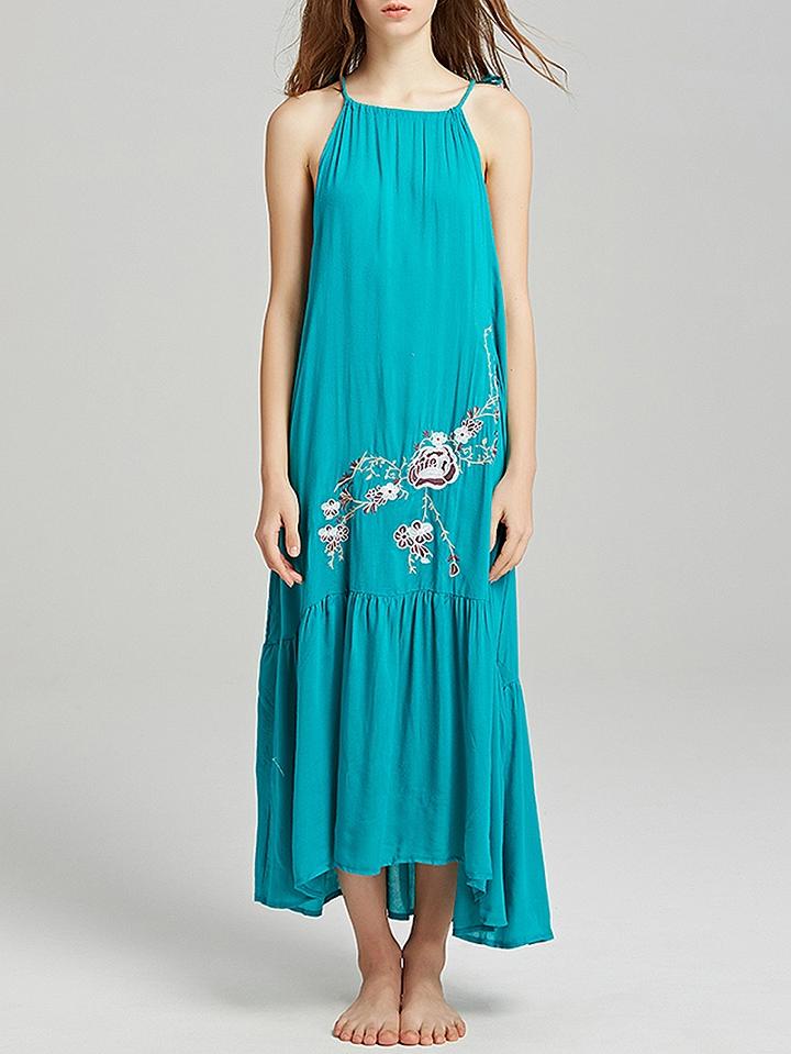Choies Green Tie Shoulder Embroidery Detail Maxi Dress