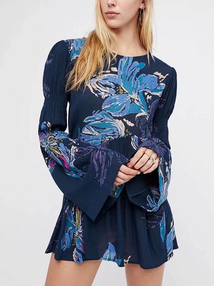 Choies Navy Floral Keyhole Back Flared Sleeve Mini Dress