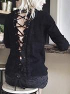Choies Black Lace Panel Lace Up Back Long Sleeve T-shirt