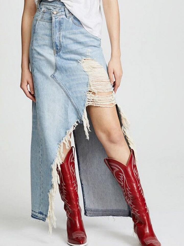 Choies Blue High Waist Split Back Chic Women Denim Ripped Maxi Skirt