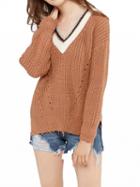 Choies Khaki V-neck Split Side Long Sleeve Mohair Knit Sweater