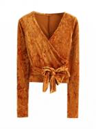 Choies Orange V Neck Wrap Tie Waist Crushed Velvet Long Sleeve Top