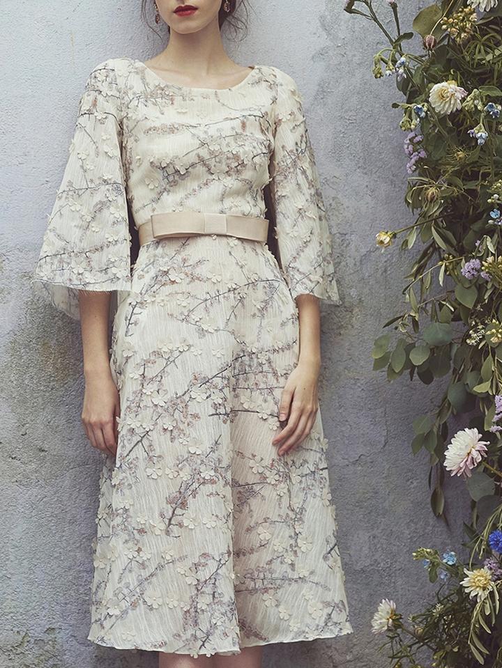 Choies Beige Chiffon Plum Blossom Print Long Sleeve Chic Women Mini Dress