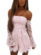 Choies Pink Off Shoulder Flare Sleeve Lace Romper Playsuit