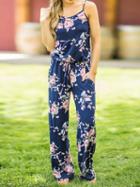 Choies Blue Spaghetti Strap Floral Print Pocket Detail Romper Jumpsuit