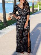 Choies Black V-neck Cut Out Detail Thigh Split Side Lace Maxi Dress