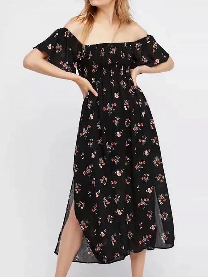 Choies Black Off Shoulder Print Floral Split Side Detail Midi Dress