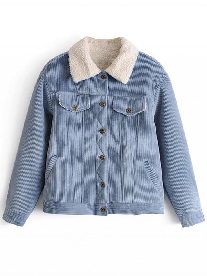 Choies Blue Faux Shearling Lining Corduroy Jacket