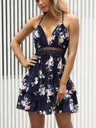 Choies Blue Plunge Floral Print Open Back Layered Hem Cami Mini Dress