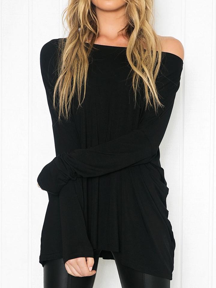 Choies Black Asymmetrical Shoulder Long Sleeve Loose T-shirt