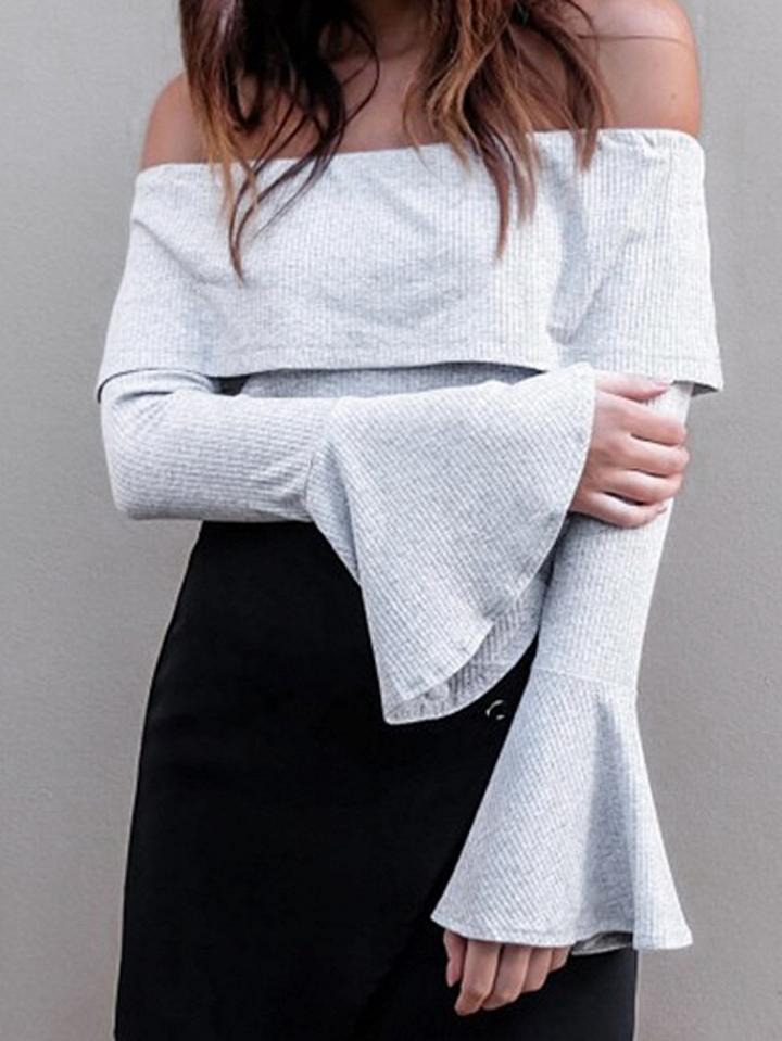 Choies Gray Foldover Off Shoulder Flare Sleeve Ribbed Top