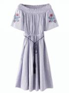 Choies Blue Stripe Off Shoulder Embroidery Midi Dress