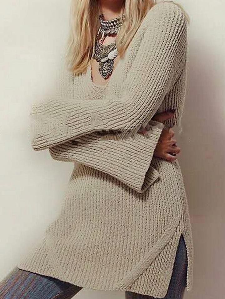 Choies Beige V-neck Open Back Long Sleeve Chic Women Knit Sweater