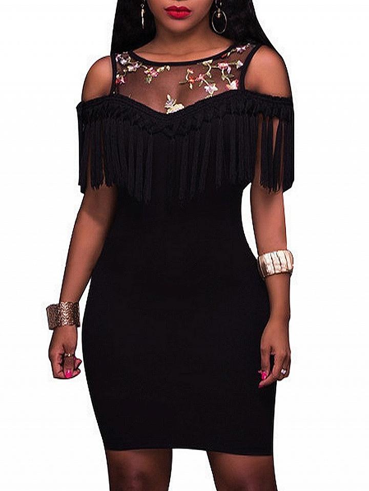 Choies Black Cold Shoulder Mesh Panel Tassel Trim Bodycon Mini Dress