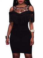 Choies Black Cold Shoulder Mesh Panel Tassel Trim Bodycon Mini Dress
