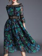 Choies Green Off Shoulder Floral Print Lace Panel Midi Dress