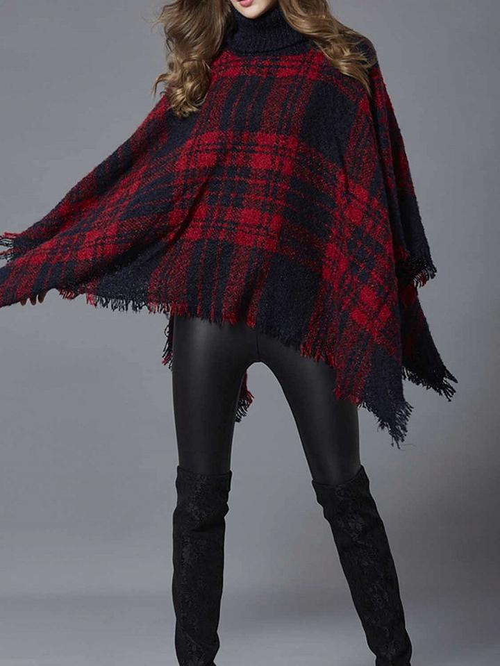 Choies Red Plaid High Neck Tassel Trim Batwing Sleeve Knit Sweater