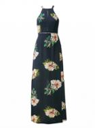 Choies Navy Floral Print Open Back Split Maxi Dress