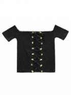 Choies Black Off Shoulder Lace Up Front Ribbed Crop Top