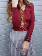 Choies Burgundy Ribbed V-neck Button Detail Long Sleeve Sweater