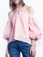Choies Pink Off Shoulder Halter Puff Sleeve Top
