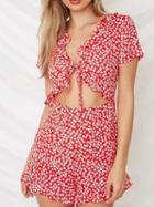 Choies Red V-neck Floral Print Ruffle Trim Romper Playsuit
